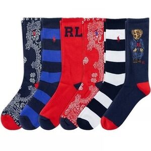 Polo Ralph Lauren Mens 6 Pack Crew Socks Polo Bear/Striped Assorted
